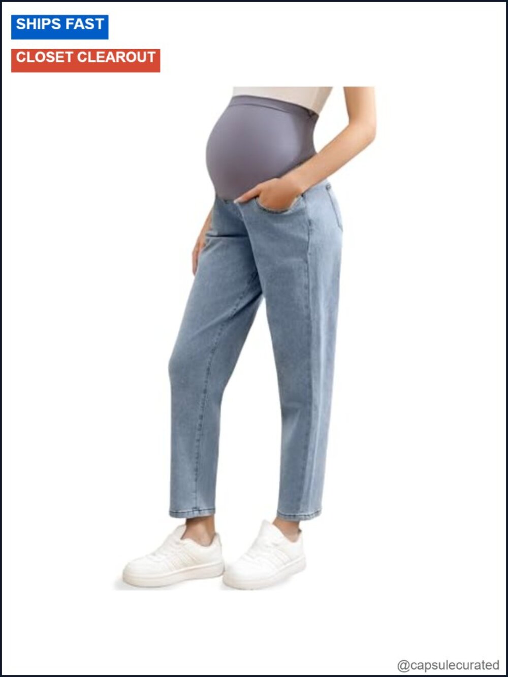 Maternity Boyfriend Jeans Over Belly Stretch Pregnancy Pants with Pockets